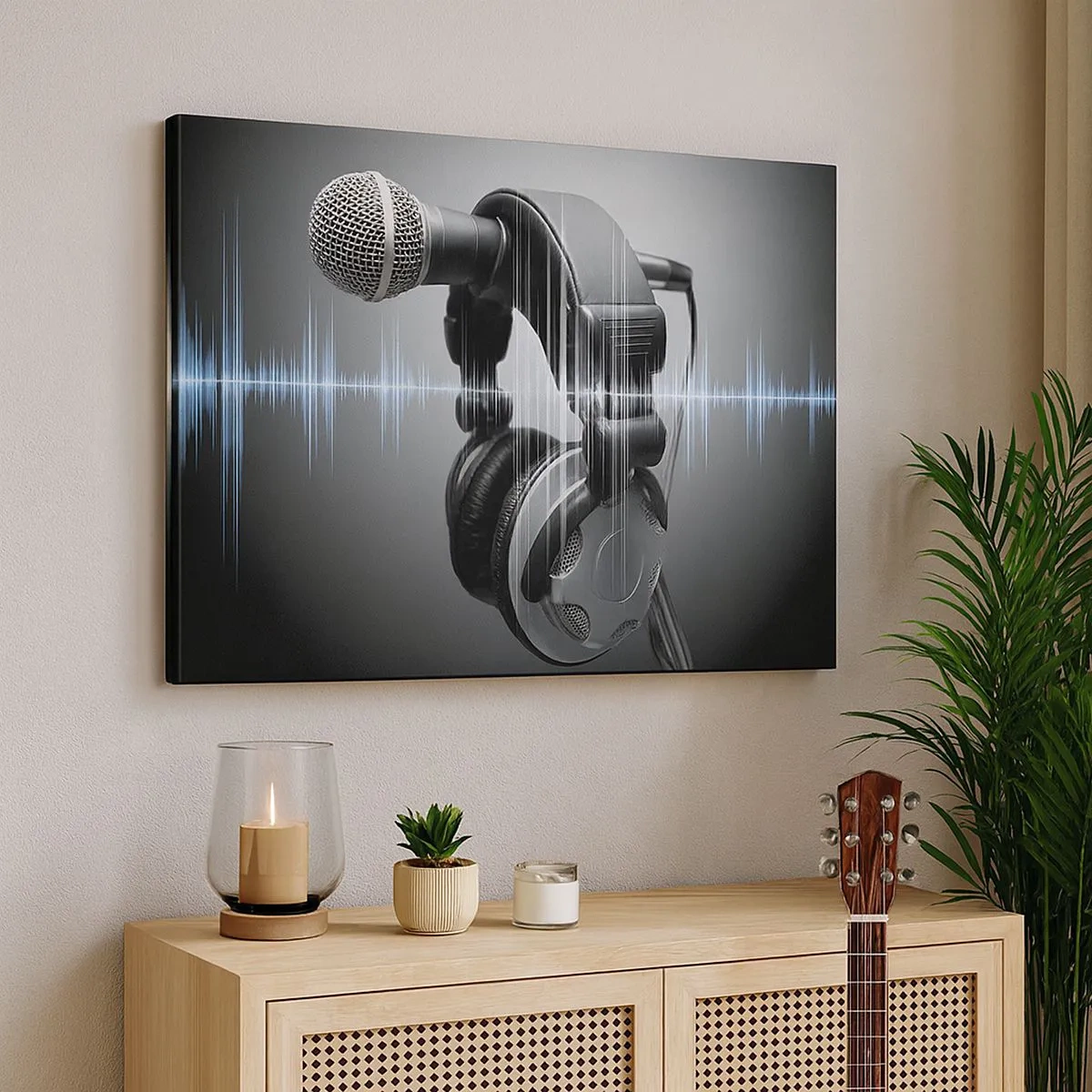 Tablou pe pânză Canvas - Microfon și căști cu vizualizare a undelor sonore în fundal - 70x50cm - Încă se mai poate auzi cântecul - Decorațiune modernă pentru perete pentru living și dormitor ARTTOR