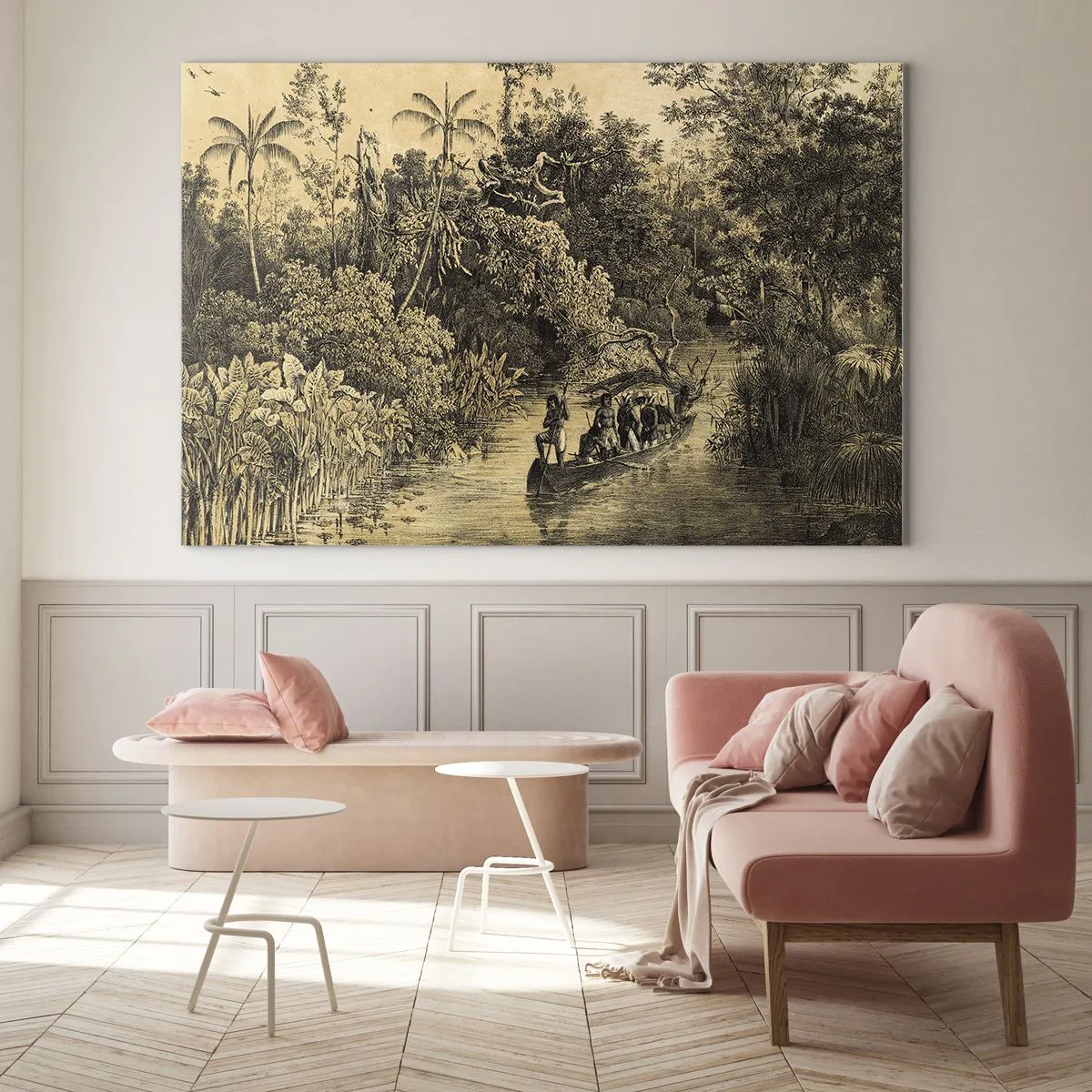 Tablou pe sticlă - Imprimeu retro care înfățișează o călătorie prin junglă - 70x50cm - Călătorie la sursă - Decorațiune modernă pentru perete pentru living și dormitor ARTTOR