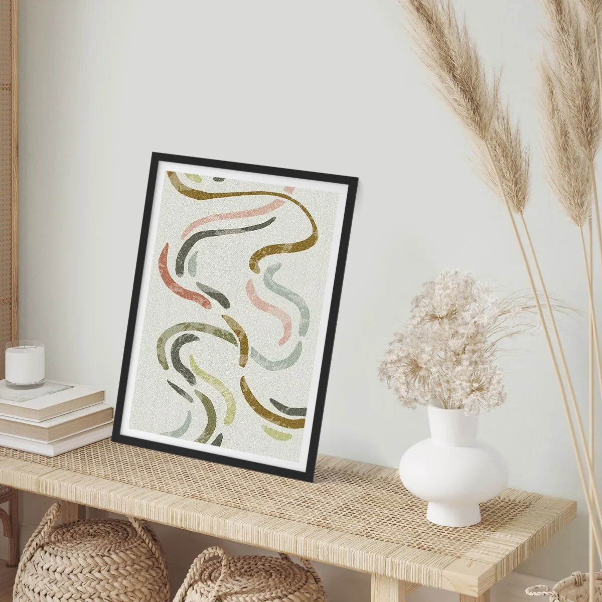 Poster în ramă neagră - Linii ondulate abstracte în nuanțe naturale - 50x70cm - Dansul vesel al abstracției - Decorațiune modernă pentru perete pentru living și dormitor ARTTOR