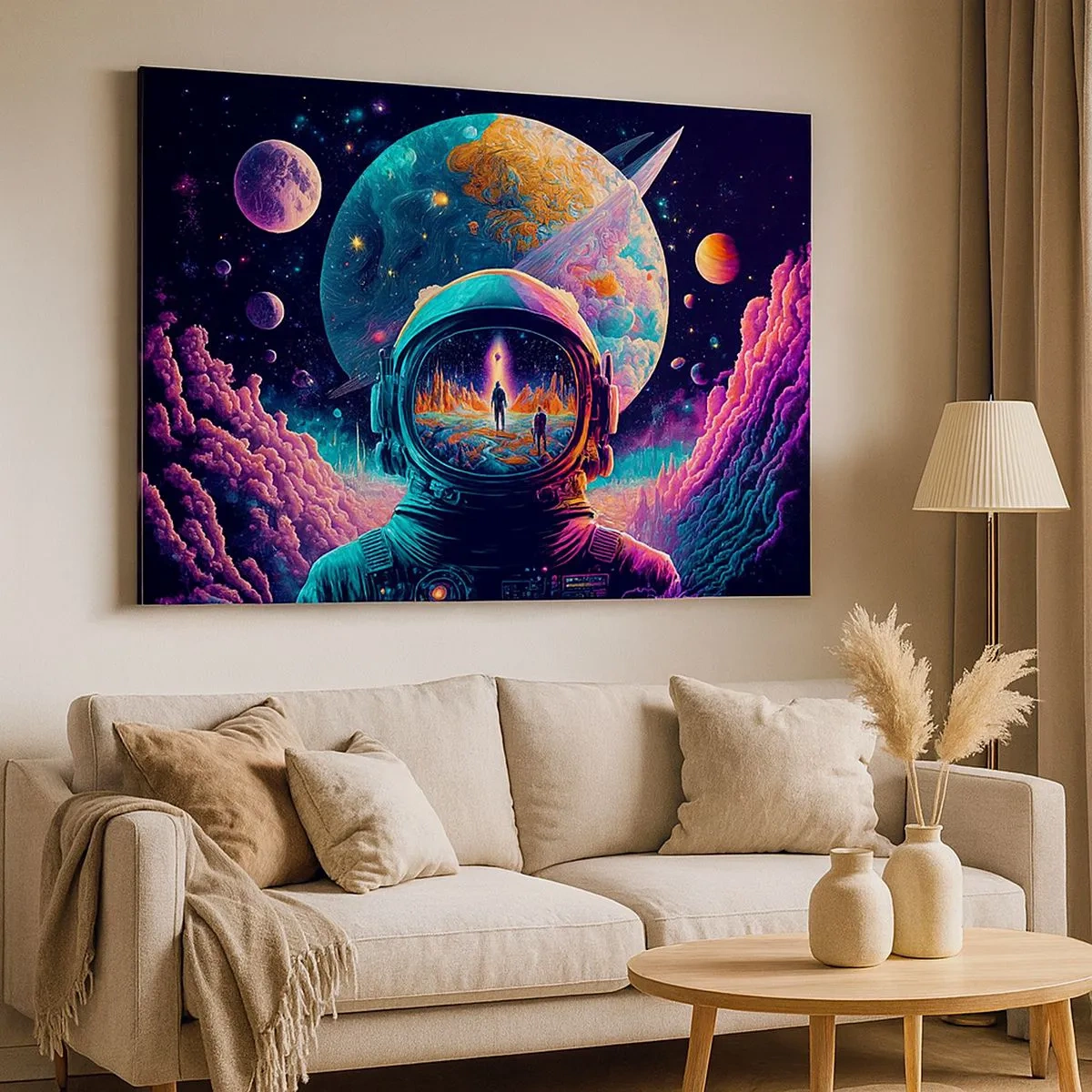 Tablou pe pânză Canvas - Astronautul în spațiu cu un peisaj planetar colorat - 70x50cm - Visul nevisat al filozofiilor - Decorațiune modernă pentru perete pentru living și dormitor ARTTOR