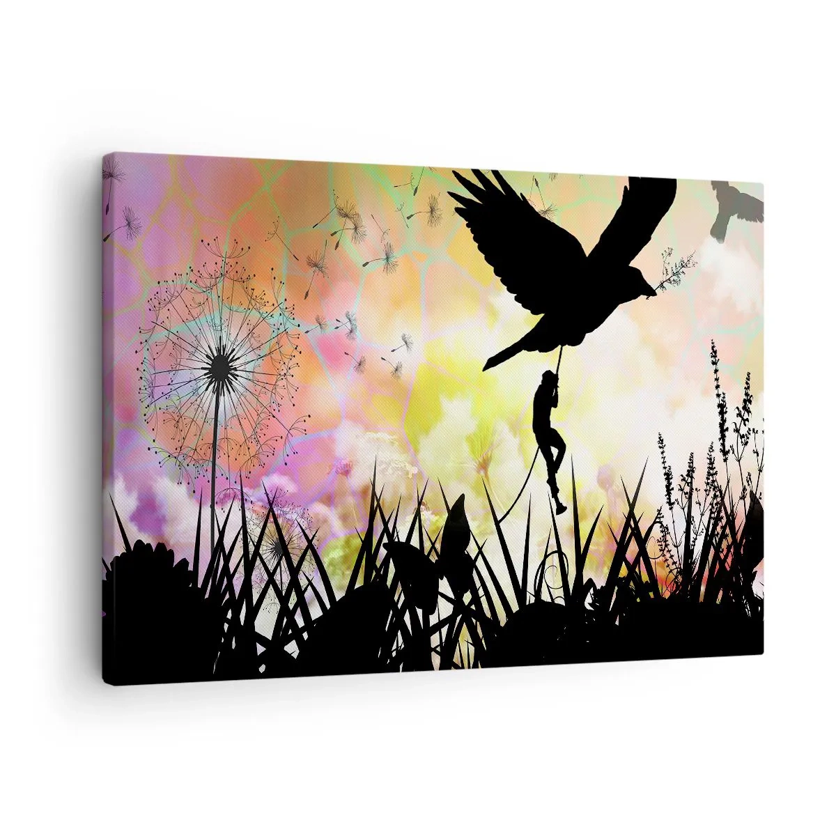 Tablou pe pânză Canvas - Siluetă naturală cu o pasăre și o păpădie - 70x50cm - Într-o atmosferă de basm - Decorațiune modernă pentru perete pentru living și dormitor ARTTOR