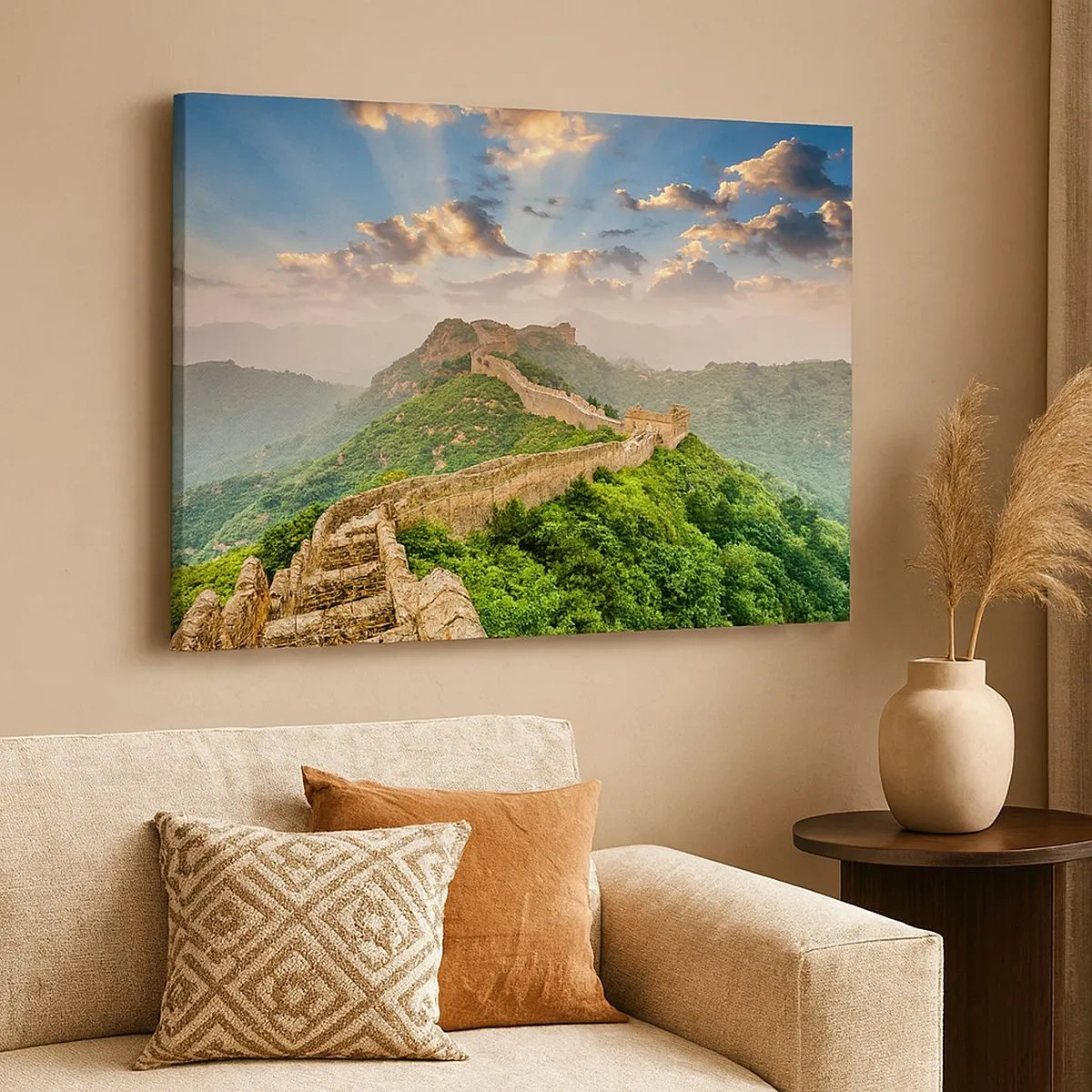 Tablou pe pânză Canvas - Marele Zid Chinezesc iluminat de lumina soarelui într-un peisaj pitoresc - 70x50cm - Măreția netrecătoare - Decorațiune modernă pentru perete pentru living și dormitor ARTTOR