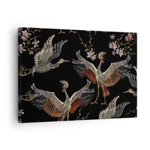 Tablou pe pânză Canvas - Macarale și flori elegante pe fundal negru - 70x50cm - Pasăre de basm - Decorațiune modernă pentru perete pentru living și dormitor ARTTOR