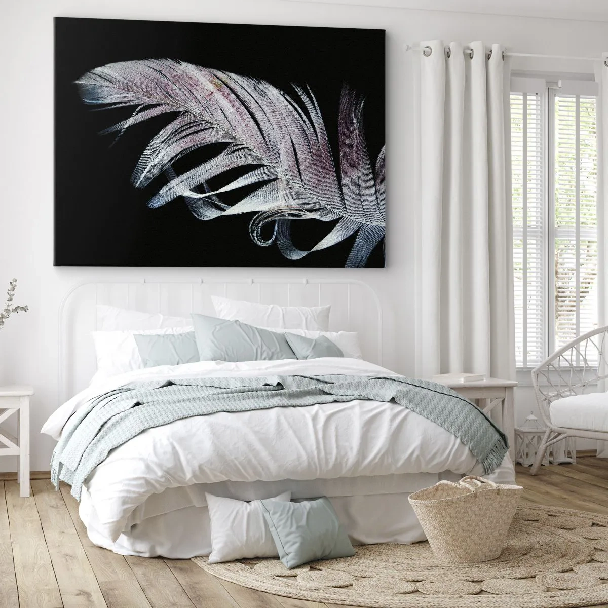 Tablou pe pânză Canvas - O pană delicată pe un fundal negru într-o abordare artistică - 70x50cm - Gândește-te la atingere - Decorațiune modernă pentru perete pentru living și dormitor ARTTOR