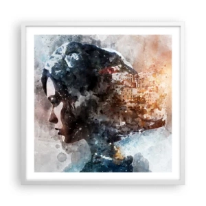 Poster în ramă albă - Povestea unei fete cu un oraș în fundal - 60x60 cm