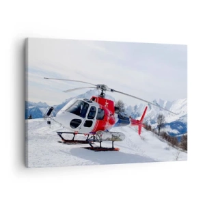 Tablou pe pânză Canvas - Un elicopter roșu pe fundalul unui peisaj montan înzăpezit. - 70x50cm - Întotdeauna gata - Decorațiune modernă pentru perete pentru living și dormitor ARTTOR