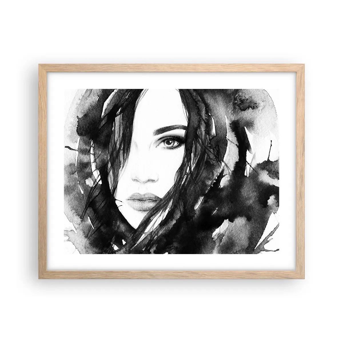 Poster în ramă de stejar deschis - Studiu unei dame în alb și negru - 50x40 cm