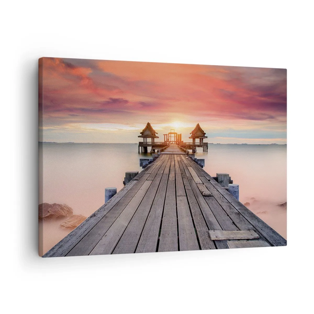 Tablou pe pânză Canvas - Dig de lemn care duce la foișoare la apus - 70x50cm - Vestul la est - Decorațiune modernă pentru perete pentru living și dormitor ARTTOR