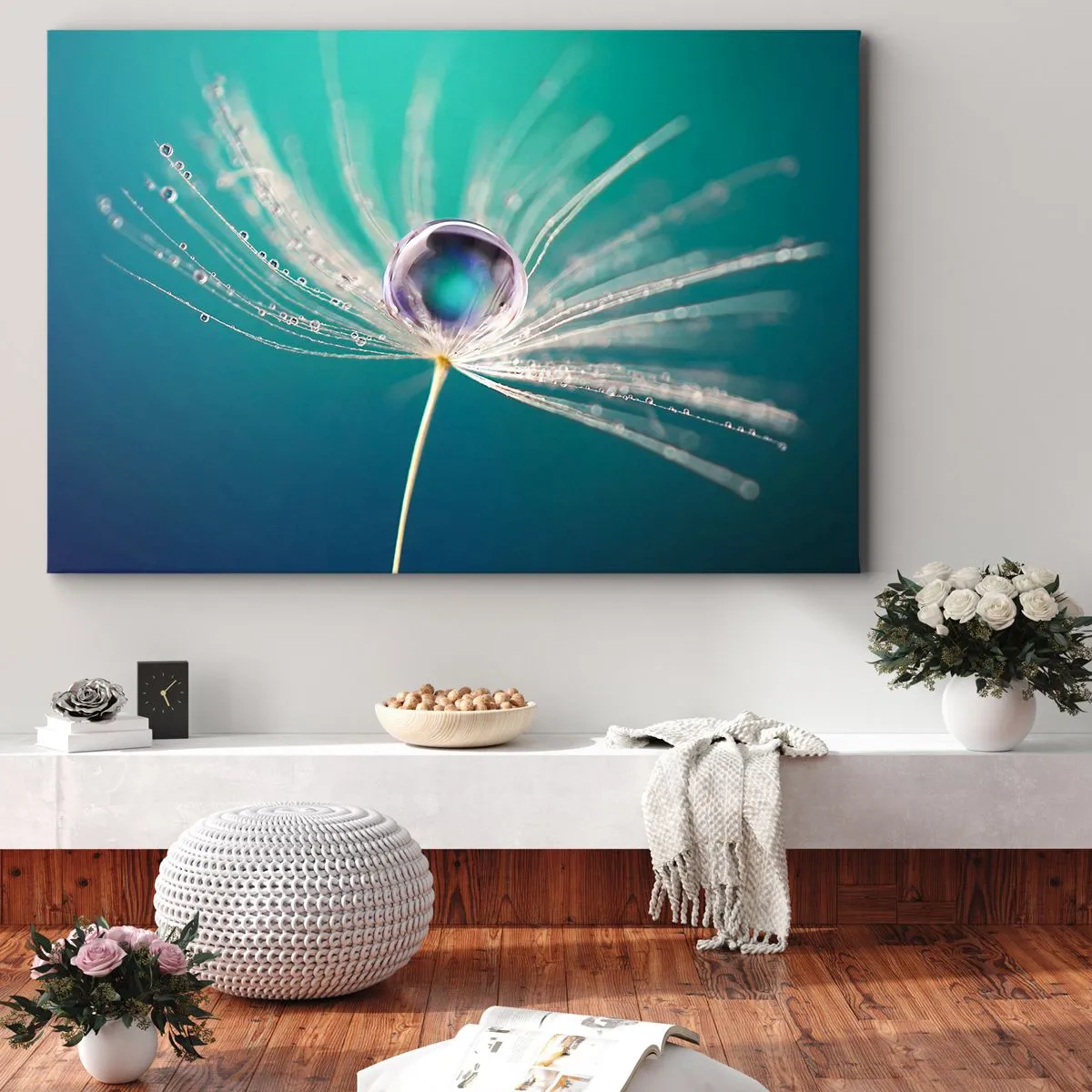 Tablou pe pânză Canvas - Macro a unei picături de apă pe o sămânță delicată de păpădie - 70x50cm - Moment mistic - Decorațiune modernă pentru perete pentru living și dormitor ARTTOR