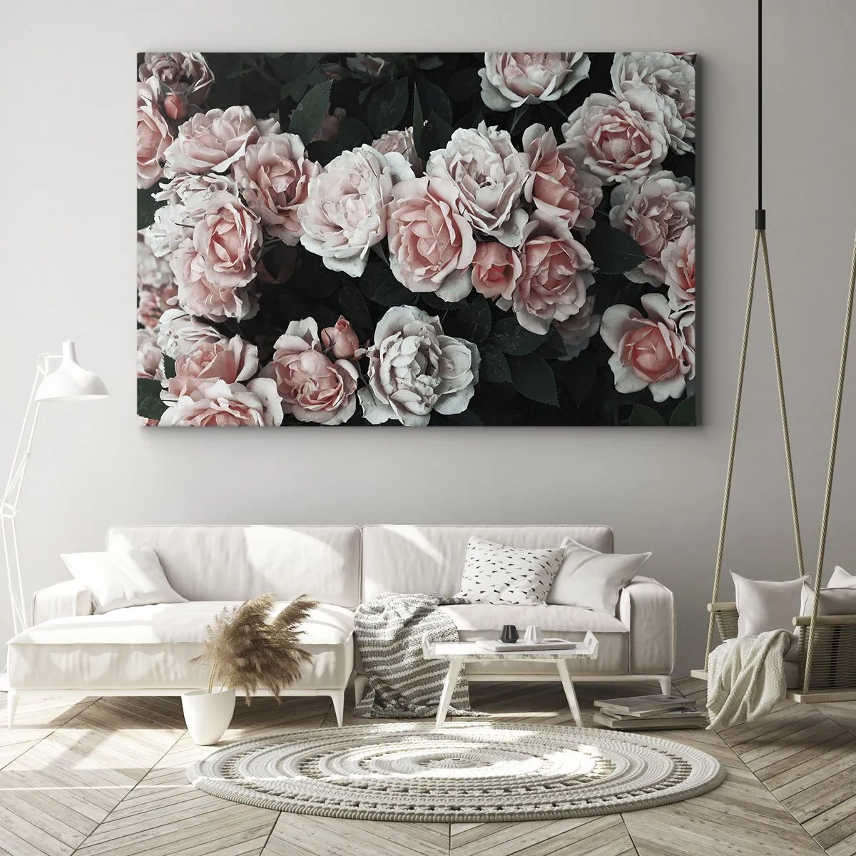 Tablou pe pânză Canvas - Trandafiri roz pe un fundal întunecat într-o compoziție subtilă - 70x50cm - Ansamble de trandafiri - Decorațiune modernă pentru perete pentru living și dormitor ARTTOR