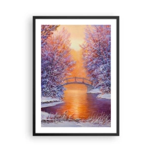 Poster în ramă neagră - Peisaj de iarnă cu un pod și soarele apus reflectat în râu - 50x70cm - Hai să ne întâlnim aici - Decorațiune modernă pentru perete pentru living și dormitor ARTTOR