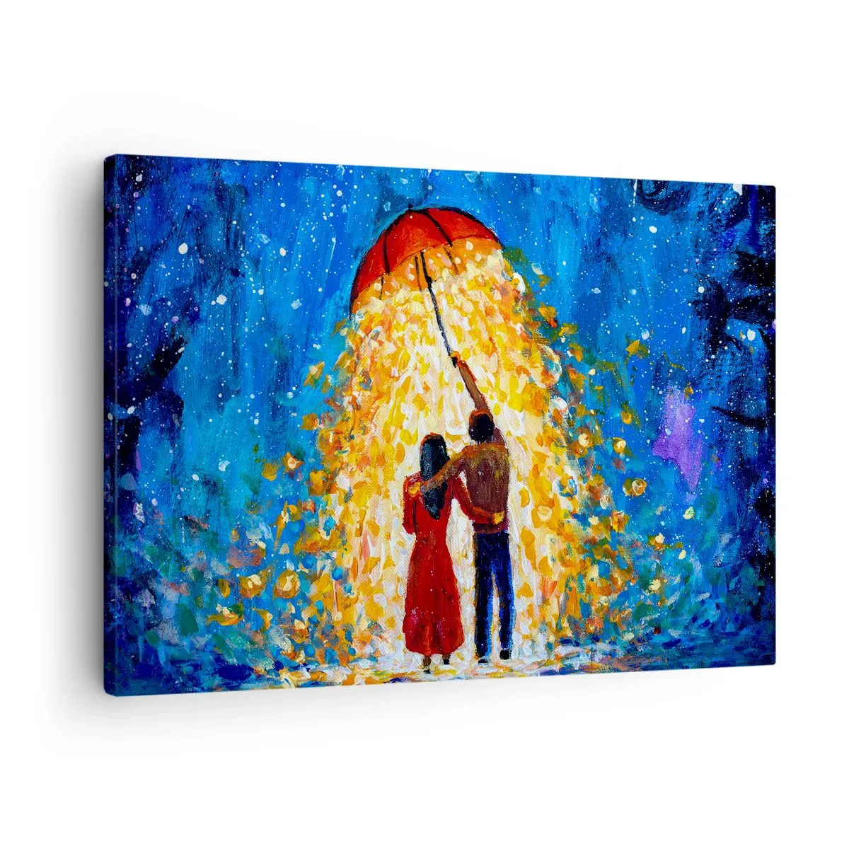 Tablou pe pânză Canvas - Un cuplu sub o umbrelă roșie în ploaia luminoasă - 70x50cm - Magia unei seri ploioase? - Decorațiune modernă pentru perete pentru living și dormitor ARTTOR