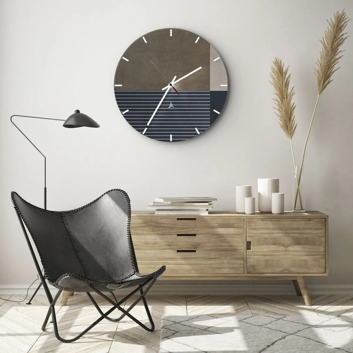 Ceas de perete - Ceas pe sticlă - Un aranjament minimalist de culori și linii într-o formă geometrică - 30x30cm - Compoziție de simplitate și rotunjime - Decorațiune modernă pentru perete pentru living, bucătărie și dormitor ARTTOR