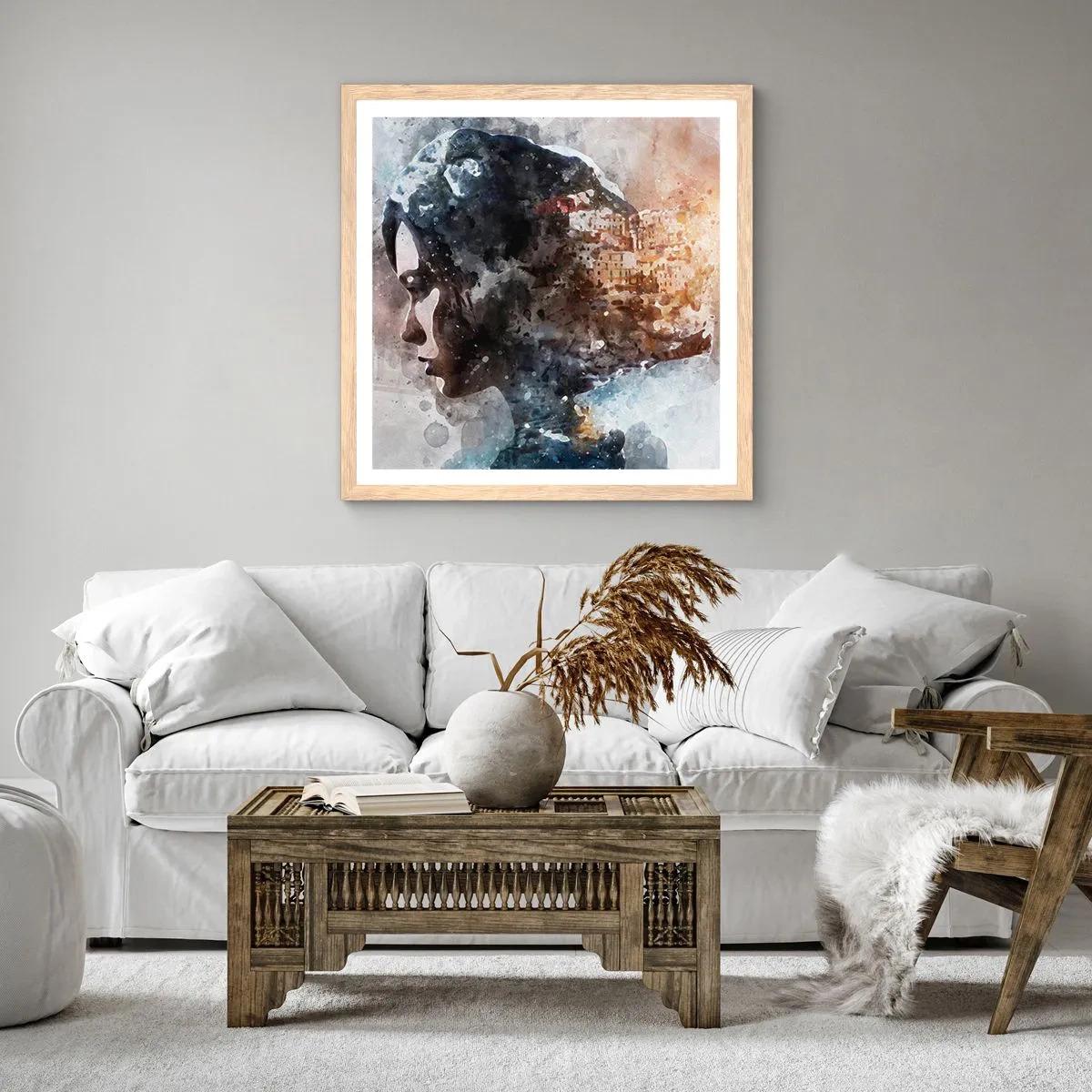 Poster în ramă de stejar deschis - Povestea unei fete cu un oraș în fundal - 40x40 cm