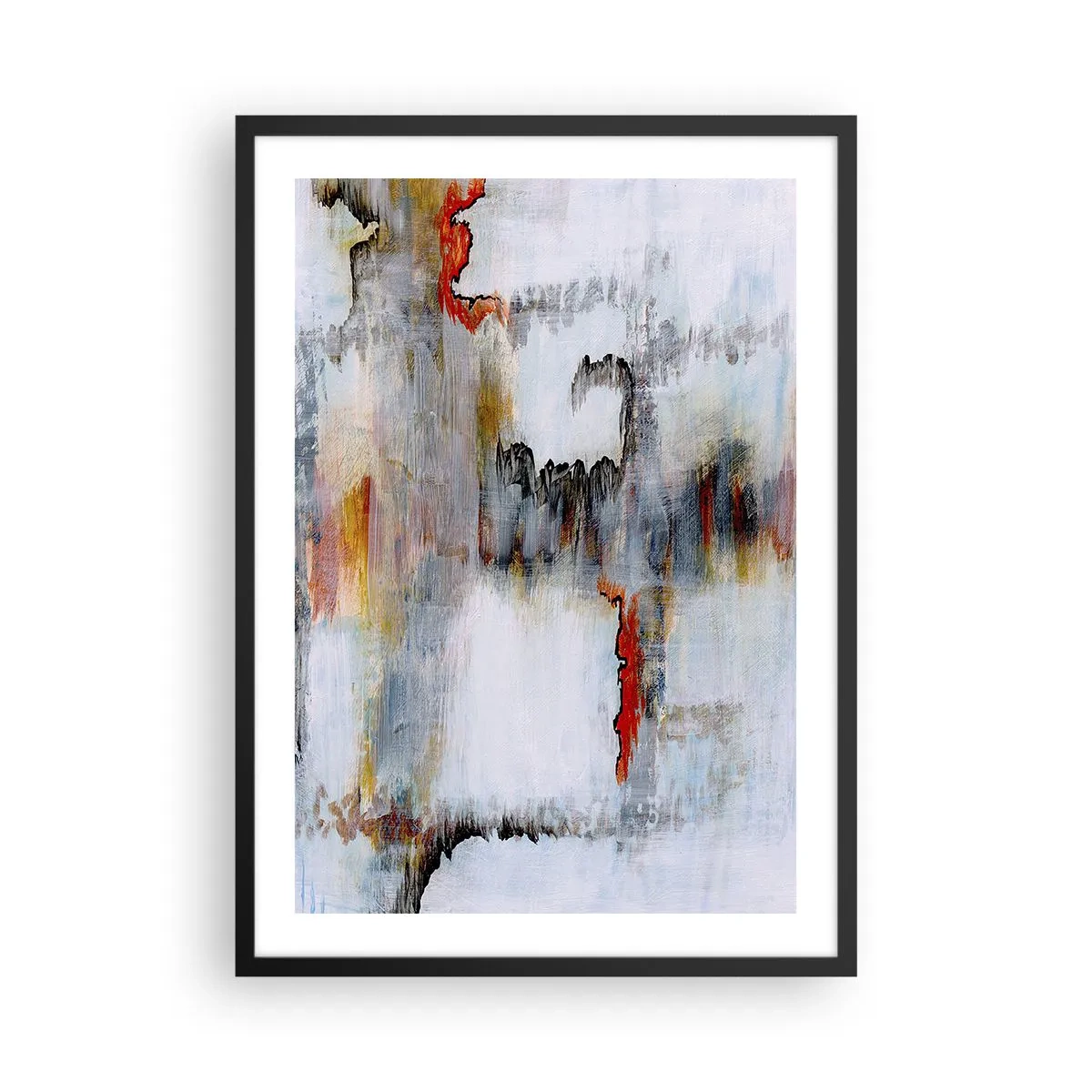 Poster în ramă neagră - O compoziție abstractă cu nuanțe de gri și accente roșii. - 50x70cm - Cu bățul pe apă - Decorațiune modernă pentru perete pentru living și dormitor ARTTOR