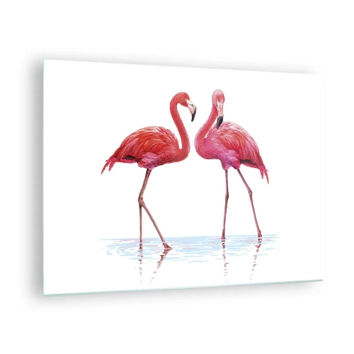 Tablou pe sticlă - Doi flamingo roz stând în apă - 70x50cm - Pink randez-vous - Decorațiune modernă pentru perete pentru living și dormitor ARTTOR