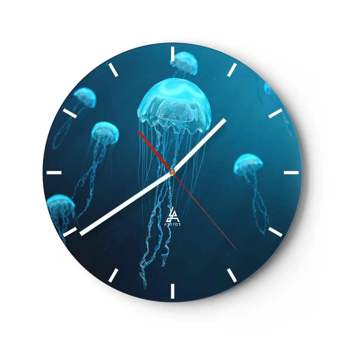 Ceas de perete - Ceas pe sticlă - Meduze plutind în oceanul albastru adânc - 30x30cm - Dansul oceanic - Decorațiune modernă pentru perete pentru living, bucătărie și dormitor ARTTOR