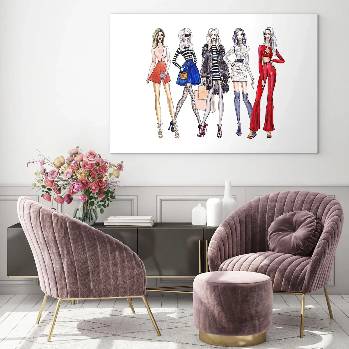 Tablou pe sticlă - Personaje la modă în ținute elegante în ilustrație - 70x50cm - Every week Fashion Week - Decorațiune modernă pentru perete pentru living și dormitor ARTTOR