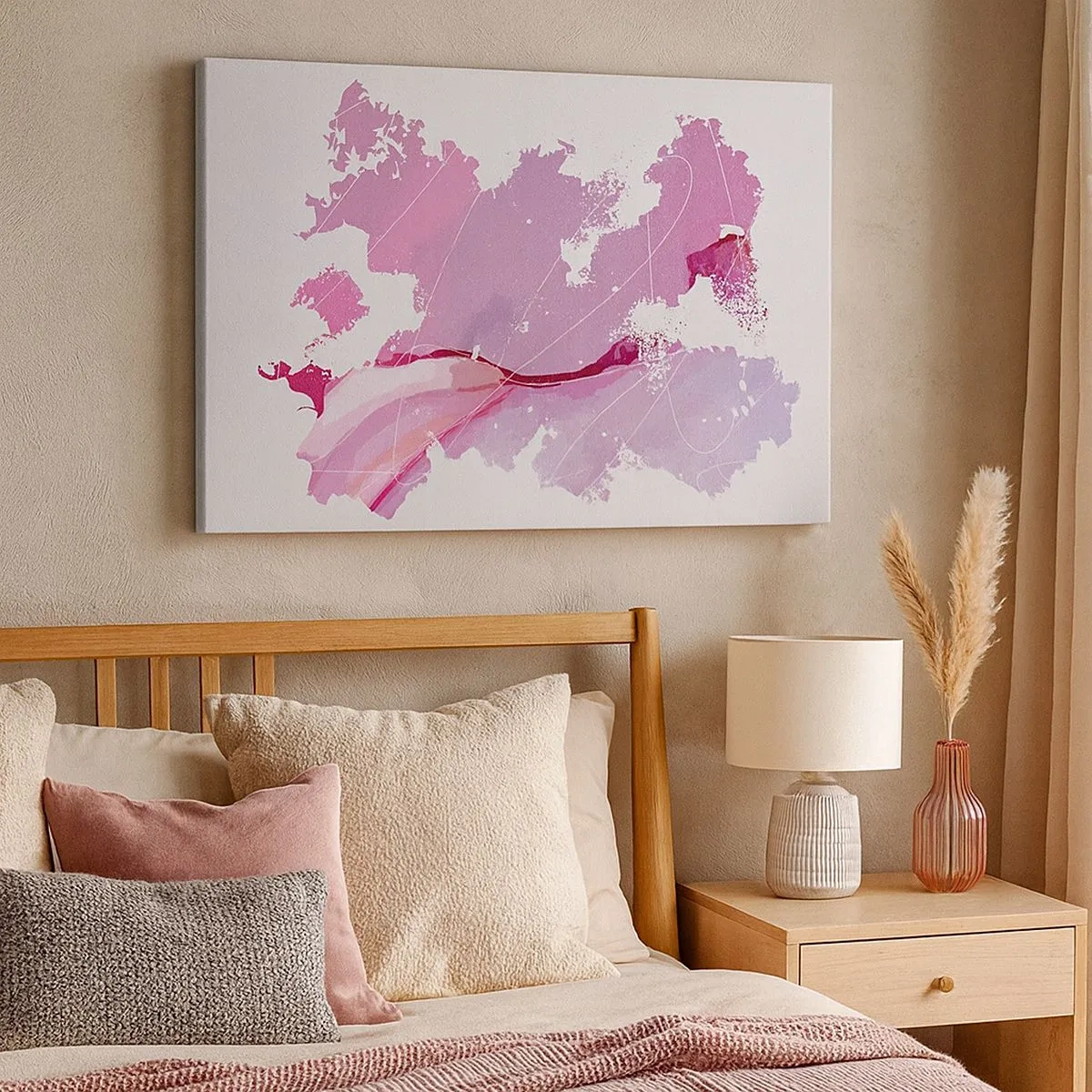 Tablou pe pânză Canvas - Hartă abstractă a lumii în nuanțe de roz - 70x50cm - Harta unei lumi roz - Decorațiune modernă pentru perete pentru living și dormitor ARTTOR
