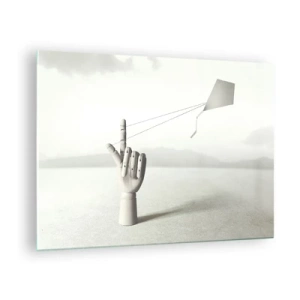 Tablou pe sticlă - O mână de lemn care ține pe deget un zmeu plutitor - 70x50cm - Încercare de forță - Decorațiune modernă pentru perete pentru living și dormitor ARTTOR