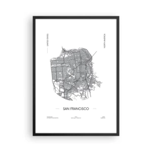 Poster în ramă neagră - O hartă minimalistă a orașului San Francisco, în alb și negru. - 50x70cm - Anatomia San Francisco - Decorațiune modernă pentru perete pentru living și dormitor ARTTOR