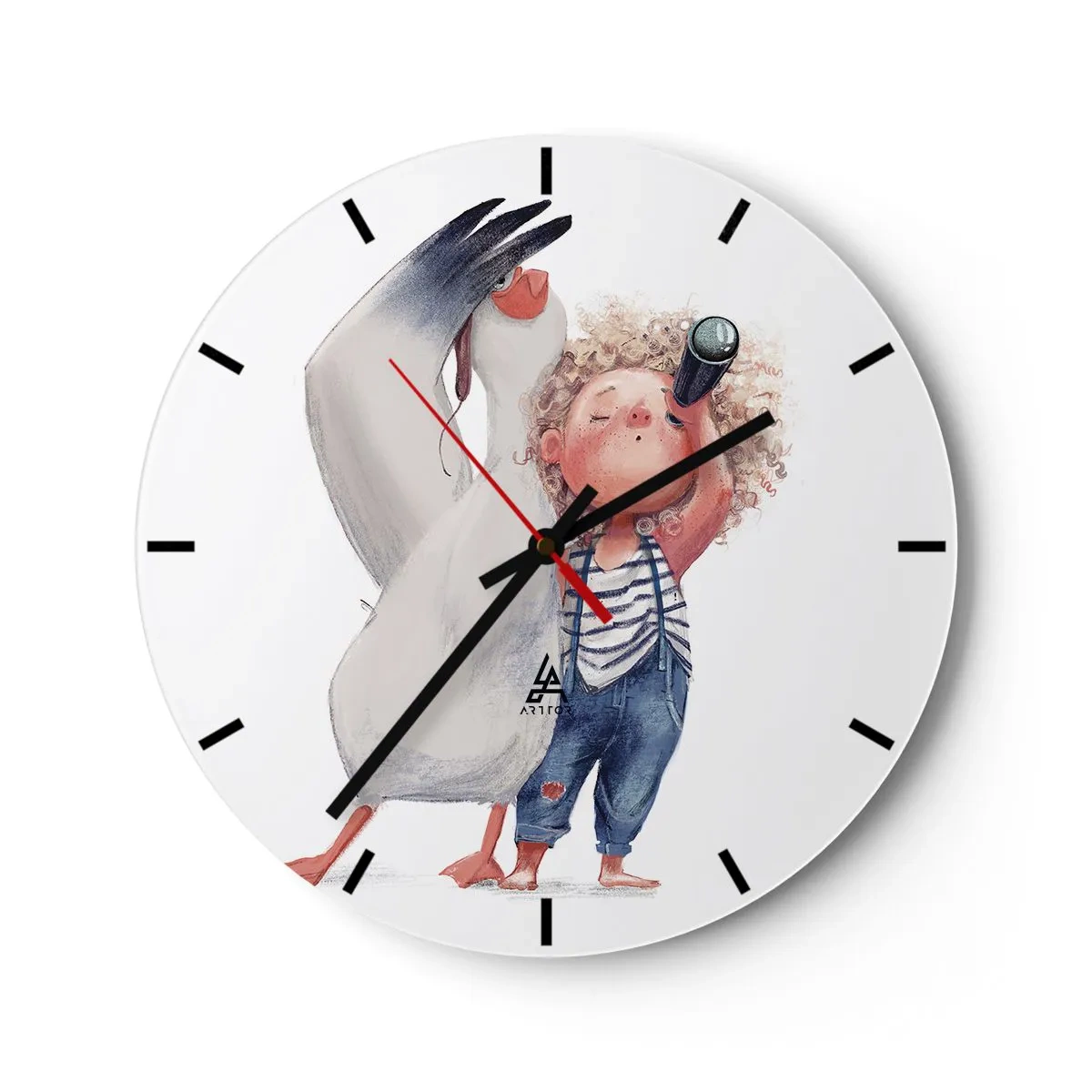 Ceas de perete - Ceas pe sticlă - Un copil cu binoclu și o pasăre mare pe un fundal alb - 30x30cm - Un plan pentru o călătorie minunată - Decorațiune modernă pentru perete pentru living, bucătărie și dormitor ARTTOR
