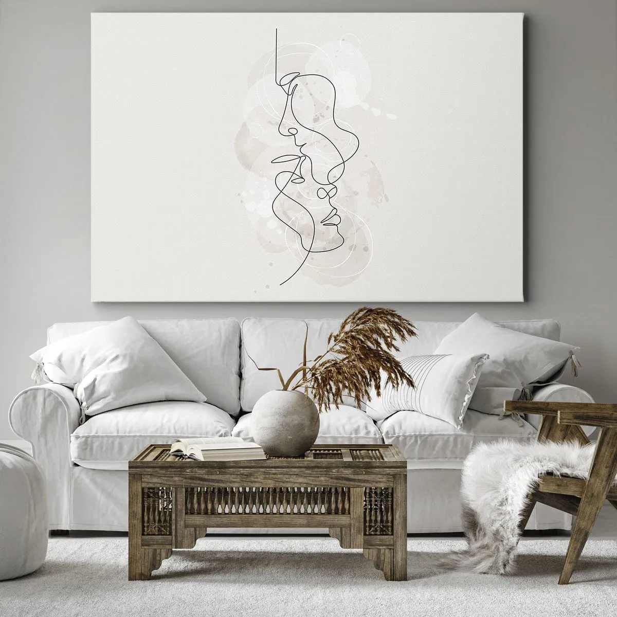 Tablou pe pânză Canvas - Schiță abstractă a două fețe pe un fundal deschis - 70x50cm - Încurcați într-o îmbrățișare - Decorațiune modernă pentru perete pentru living și dormitor ARTTOR