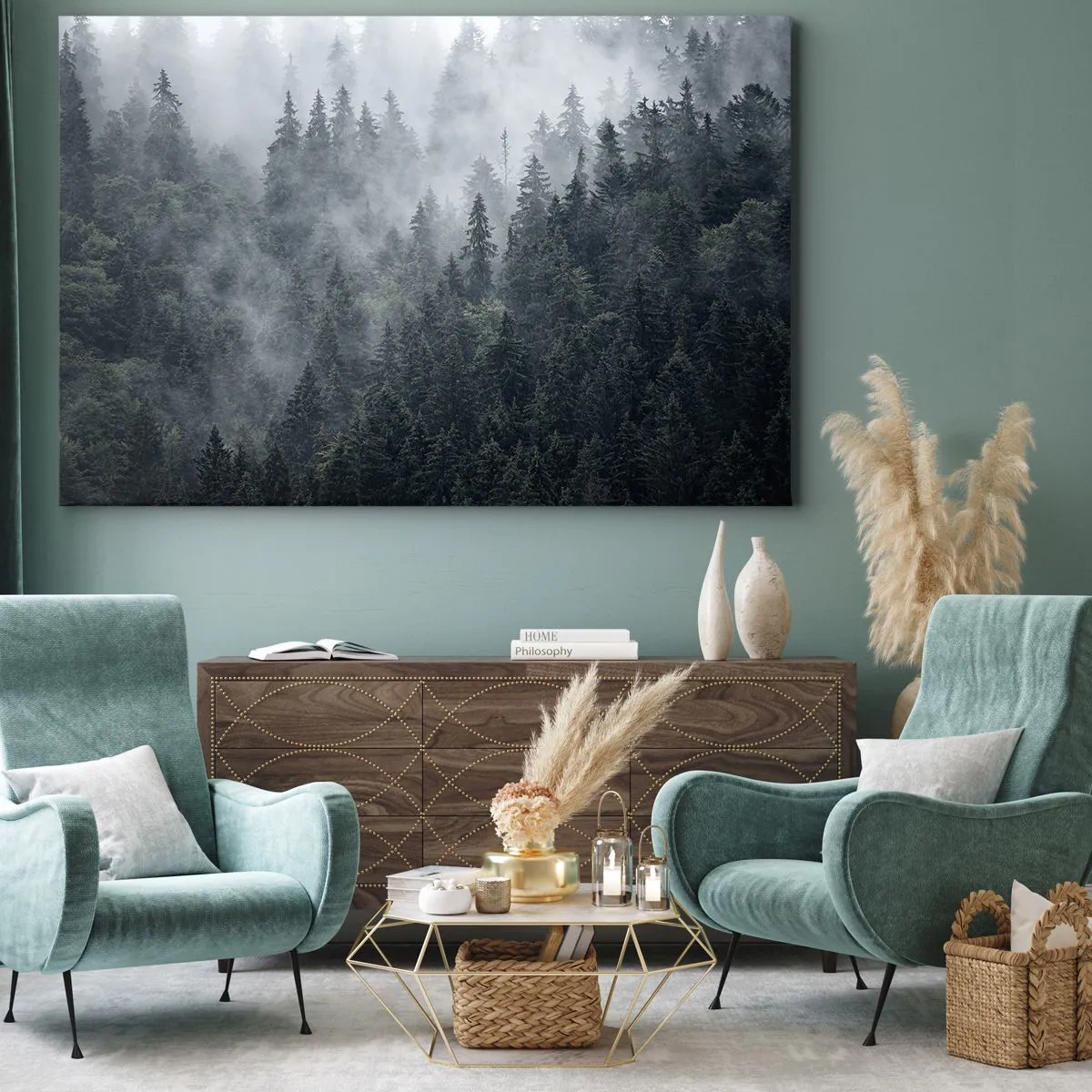 Tablou pe pânză Canvas - Pădure de conifere încețoșată în nuanțe de gri și verde - 70x50cm - Zori de pădure - Decorațiune modernă pentru perete pentru living și dormitor ARTTOR