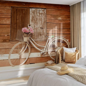 Tapet Standard Eco - O bicicletă retro cu un coș cu flori pe un perete de lemn. - 100x70cm - Mă întorc imediat - Decorațiune modernă pentru perete pentru living și dormitor ARTTOR
