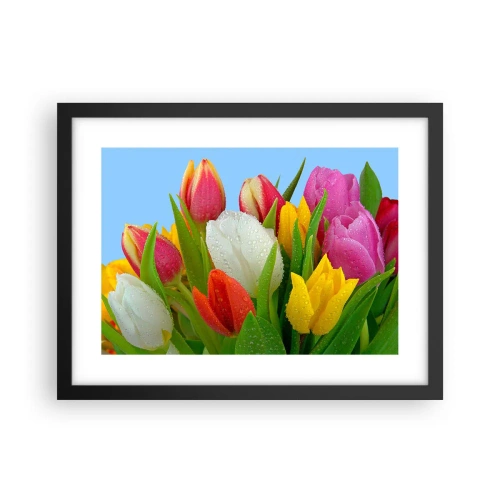 Poster în ramă neagră - Un curcubeu floral în picături de rouă - 40x30 cm