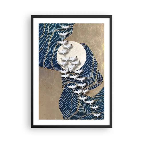 Poster în ramă neagră - Compoziție abstractă cu păsări și lună în tonuri aurii - 50x70cm - Libertate, rătăcire, comunitate - Decorațiune modernă pentru perete pentru living și dormitor ARTTOR