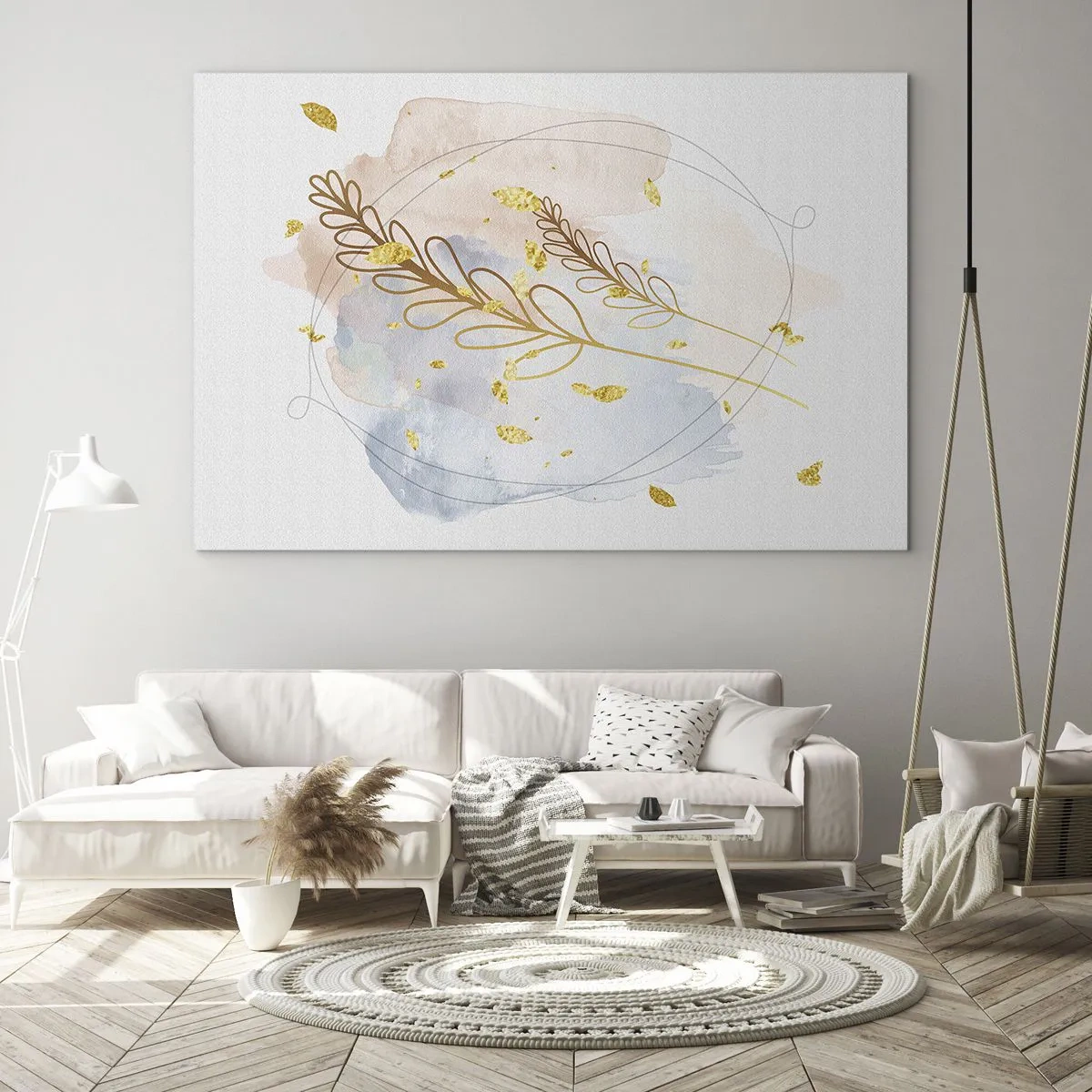 Tablou pe sticlă - O compoziție delicată cu crenguțe și frunze aurii în acuarelă - 70x50cm - Suflul de aur - Decorațiune modernă pentru perete pentru living și dormitor ARTTOR
