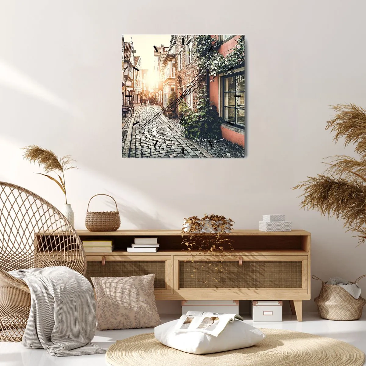 Ceas de perete - Ceas pe sticlă - Străduță în splendoare roz - 30x30 cm