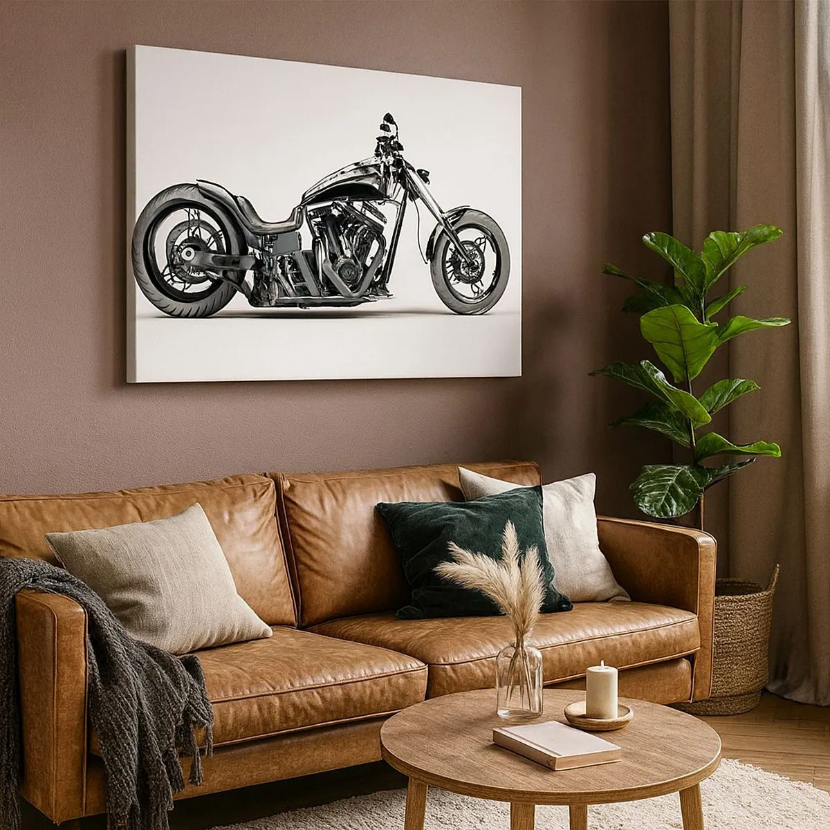 Tablou pe pânză Canvas - Motocicletă personalizată neagră elegantă pe fundal alb - 70x50cm - Pentru iubitorii de libertate - Decorațiune modernă pentru perete pentru living și dormitor ARTTOR