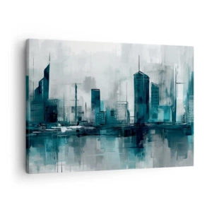 Tablou pe pânză Canvas - Un oraș modern în nuanțe de turcoaz și gri - 70x50cm - Un oraș de culoarea ploii - Decorațiune modernă pentru perete pentru living și dormitor ARTTOR