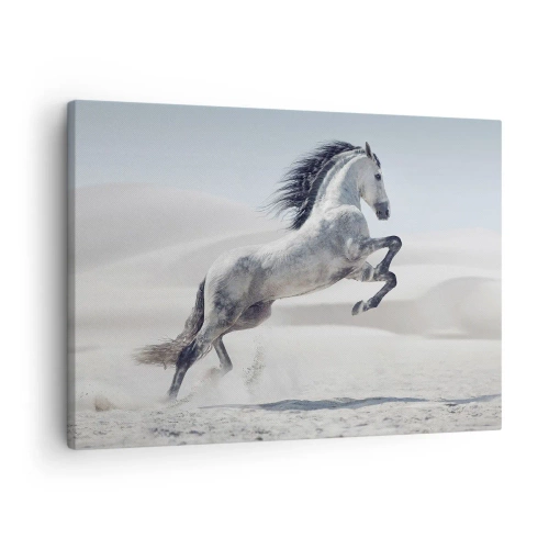 Tablou pe pânză Canvas - Un cal alb galopând pe fundalul dunelor deșertice - 70x50cm - Prinț arab - Decorațiune modernă pentru perete pentru living și dormitor ARTTOR