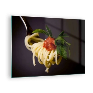 Tablou pe sticlă - Paste spaghete la furculiță cu sos de roșii - 70x50cm - Mușcătură gustoasă - Decorațiune modernă pentru perete pentru living și dormitor ARTTOR