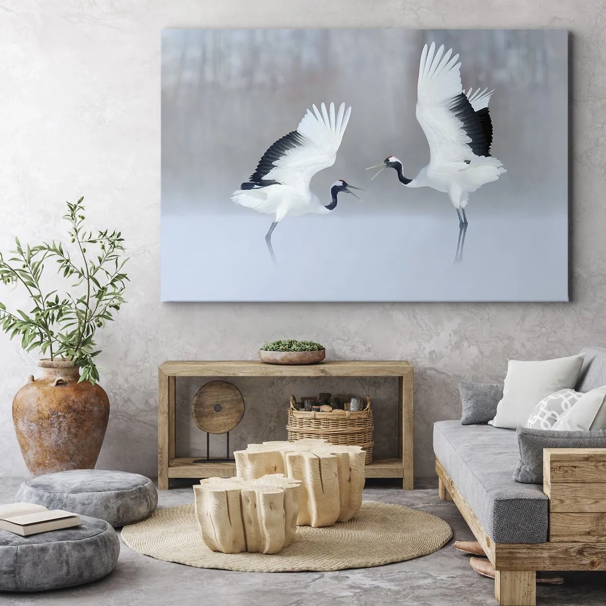 Tablou pe pânză Canvas - Două cocori dansând într-un peisaj cețos - 70x50cm - Dansând în ceață - Decorațiune modernă pentru perete pentru living și dormitor ARTTOR
