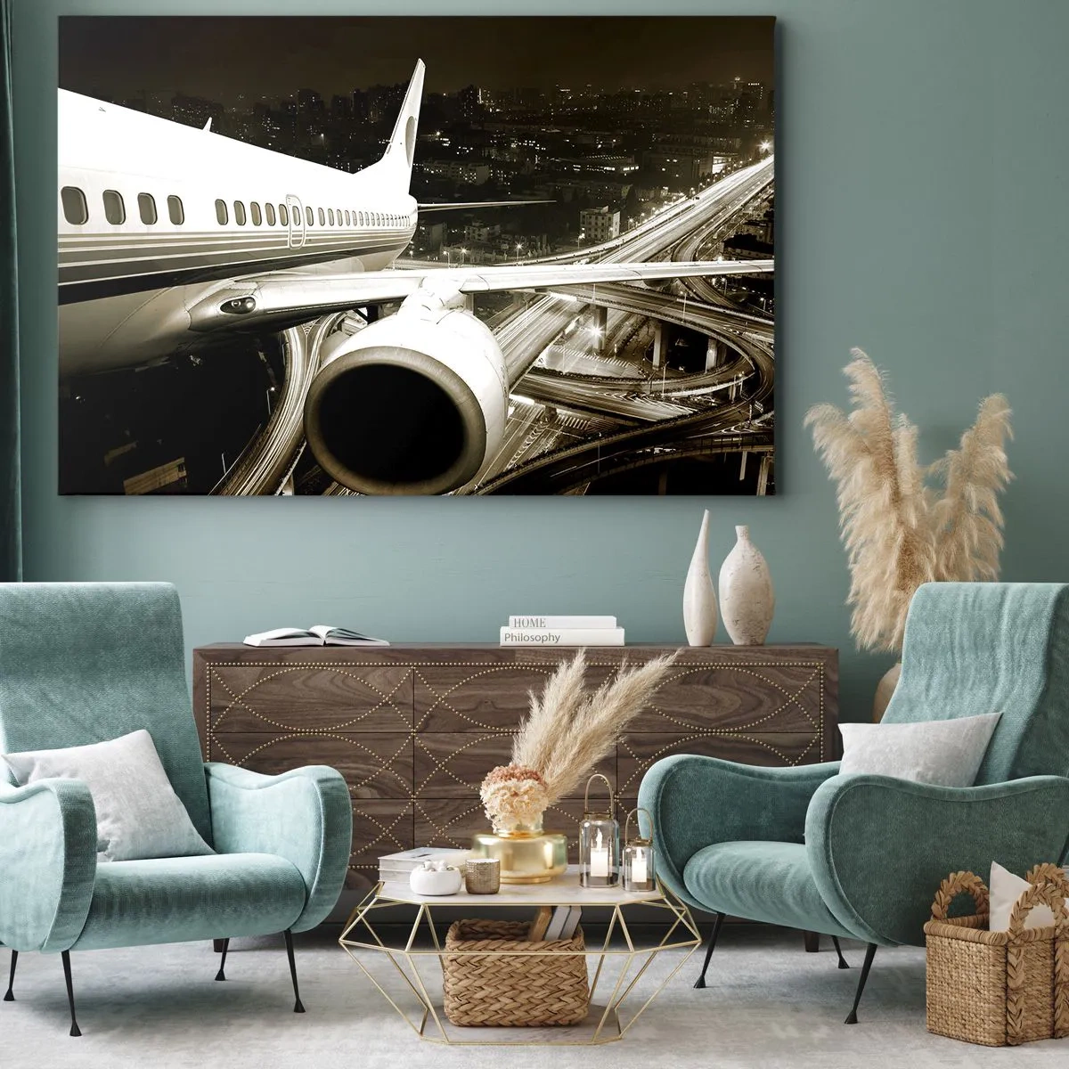 Tablou pe pânză Canvas - Un avion deasupra unui oraș nocturn cu autostrăzi iluminate - 70x50cm - Zbor în noapte - Decorațiune modernă pentru perete pentru living și dormitor ARTTOR