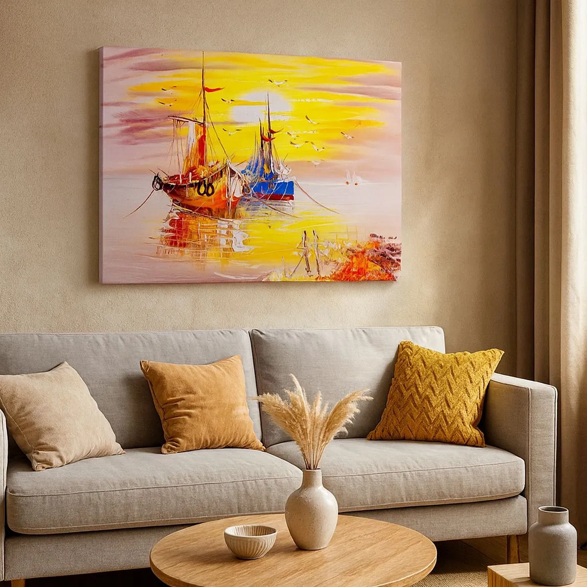 Tablou pe pânză Canvas - O scenă picturală cu bărci pe o mare calmă - 70x50cm - O binemeritată odihnă în port - Decorațiune modernă pentru perete pentru living și dormitor ARTTOR
