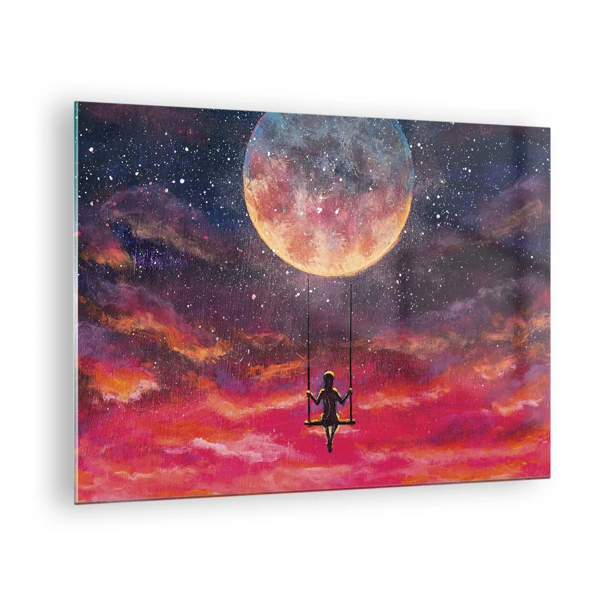 Tablou pe sticlă - O fată pe un leagăn suspendat sub lună - 70x50cm - Cu capul în nori - Decorațiune modernă pentru perete pentru living și dormitor ARTTOR