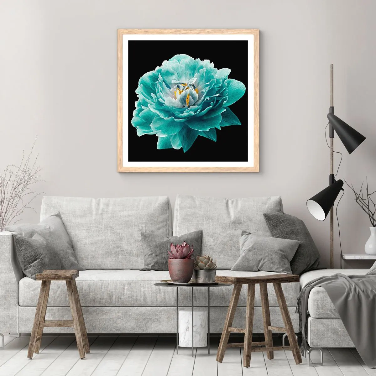 Poster în ramă de stejar deschis - Petale albastre și aurii - 30x30 cm