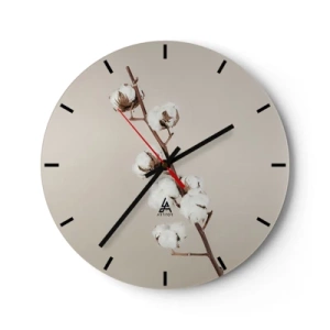 Ceas de perete - Ceas pe sticlă - O crenguță de bumbac pe un fundal bej, într-un stil minimalist - 30x30cm - La sursa moliciunii - Decorațiune modernă pentru perete pentru living, bucătărie și dormitor ARTTOR