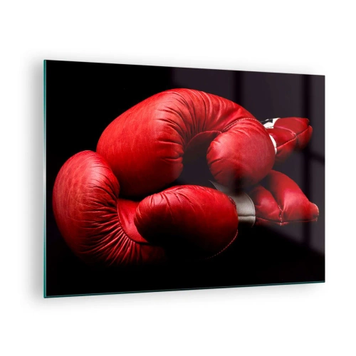 Tablou pe sticlă - Mănuși de box roșii pe fundal negru - 70x50cm - Emoția bătăliei a trecut - Decorațiune modernă pentru perete pentru living și dormitor ARTTOR