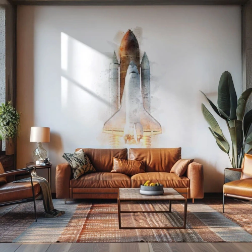 Fototapetă personalizată Premium Canvas - Exploratorii la start - O rachetă spațială, Cosmos, Minimalism
