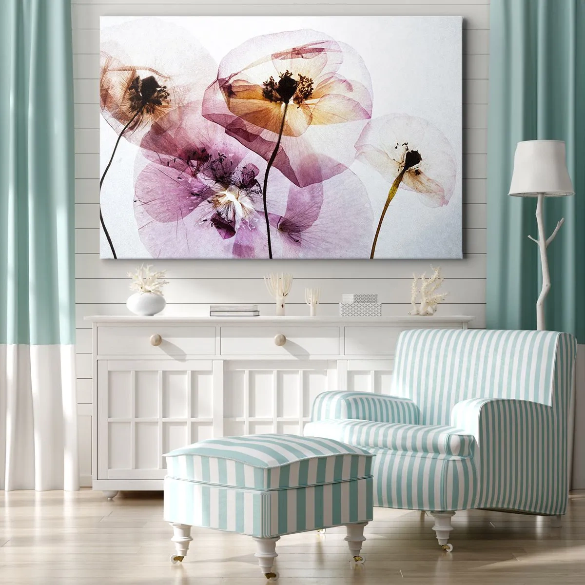 Tablou pe pânză Canvas - Flori delicate și transparente în nuanțe pastelate - 70x50cm - Corp de flori transparente - Decorațiune modernă pentru perete pentru living și dormitor ARTTOR