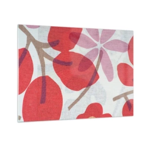 Tablou pe sticlă - Frunze și flori roz și roșii pe un fundal deschis - 70x50cm - Aranjament floral în roz - Decorațiune modernă pentru perete pentru living și dormitor ARTTOR