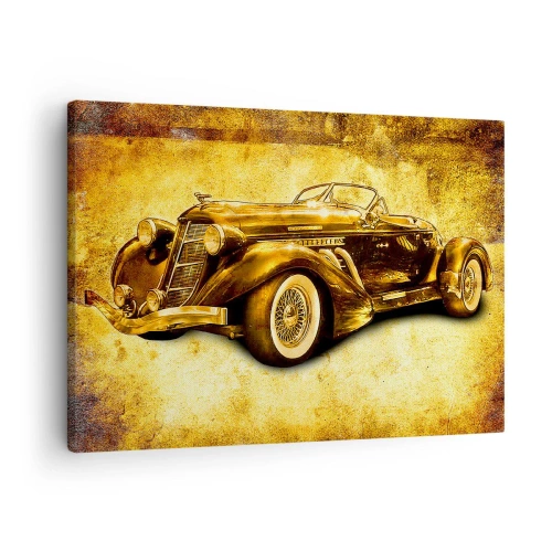 Tablou pe pânză Canvas - O decapotabilă retro aurie clasică pe un fundal vintage în culori calde. - 70x50cm - Elita elitelor - Decorațiune modernă pentru perete pentru living și dormitor ARTTOR