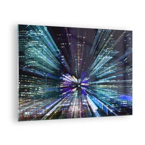 Tablou pe sticlă - Linii de lumină dinamice pe fundalul unui oraș nocturn - 70x50cm - Trecere către hiperspațiu - Decorațiune modernă pentru perete pentru living și dormitor ARTTOR