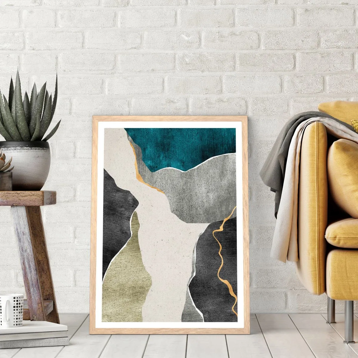 Poster în ramă de stejar deschis - Compoziție mozaic cu fir de aur - 50x70 cm